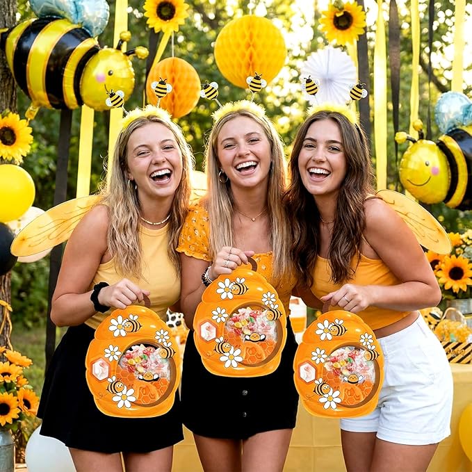 ReliThick 50 Pcs Bee Gift Bags with Handles, Sealed Plastic Honeycomb Bee Party Favors Bags Bulk Daisy Honey Goodie Candy Treat Pouch for Snack Spring Summer Birthday Baby Shower Decor Supply