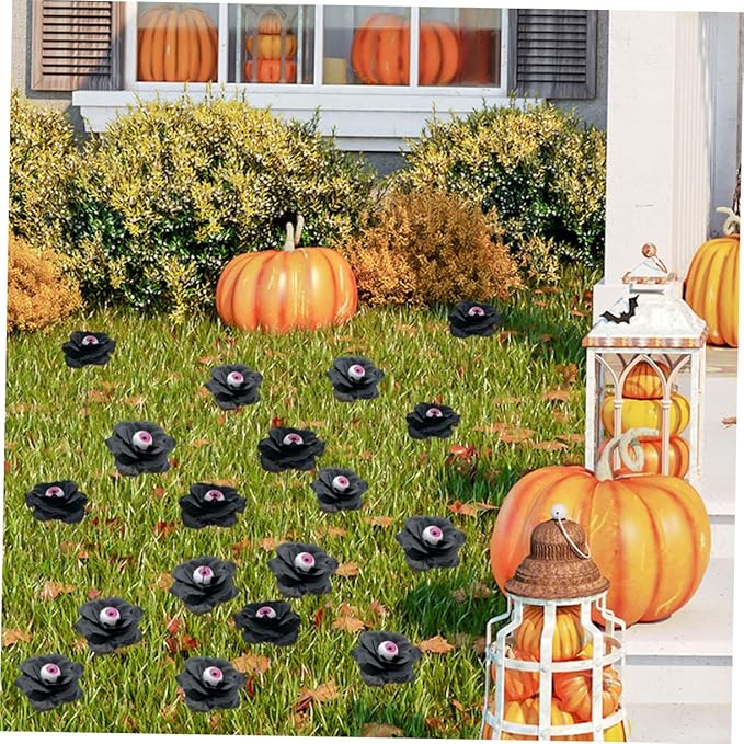 balacoo Halloween Yard Decorations 4pcs Black Rose Sign Stakes Eyeball Flowers Outdoor Decor
