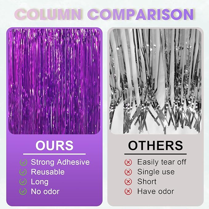 3.3 x 6.6 ft Foil Fringe Backdrop Curtains, Tinsel Streamers Party Decorations, Fringe Backdrop for Birthday, Baby Shower, Gender Reveal, Graduation (6, Purple)