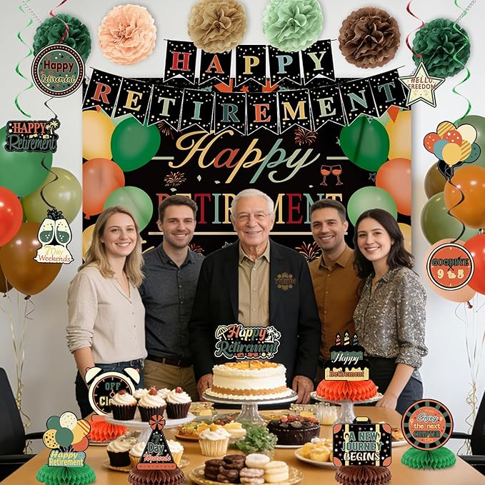 Retirement Party Decorations for Men Women Vintage Happy Retirement Banner Backdrop Balloons Paper Pompoms Honeycomb Centerpiece Cake Topper Hanging Swirl Set