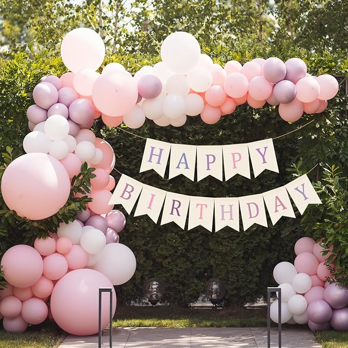 Doumeny Happy Birthday Burlap Banner Boho Birthday Garland Bunting Purple Pink Bohemian Party Hanging Banner White Happy Birthday Sign Flag Colorful Birthdays Bunting Garland for Home Mantel Fireplace