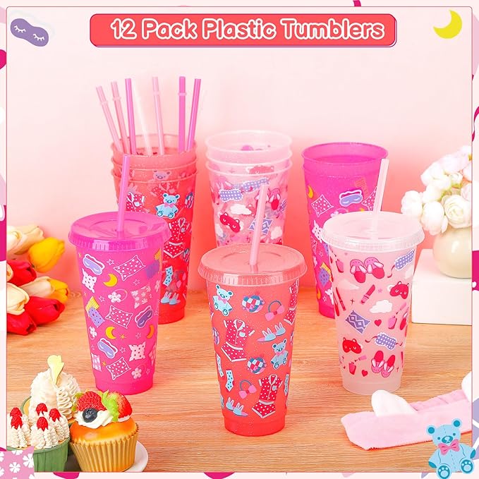 12 Pcs Sleepover Party Cups with Lids and Straws, 24 oz Glitter Iced Coffee Tumbler Sleepover Party Supplies for Girls