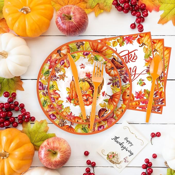 175 Pcs Thanksgiving Tableware Set - Serves 25, Harvest-Themed Disposable Plates, Cups, Napkins, Plastic Forks, Spoons, Knives for Thanksgiving Day Dinner, Fall Party Supplies, Autumn Gatherings