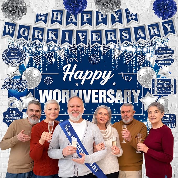 Happy Work Anniversary Decorations Blue Silver Happy Workiversary Banner Honeycomb Centerpieces Hanging Swirls Tissue Paper Pompoms Sash for Office Employee Worker Anniversary Appreciation Supplies