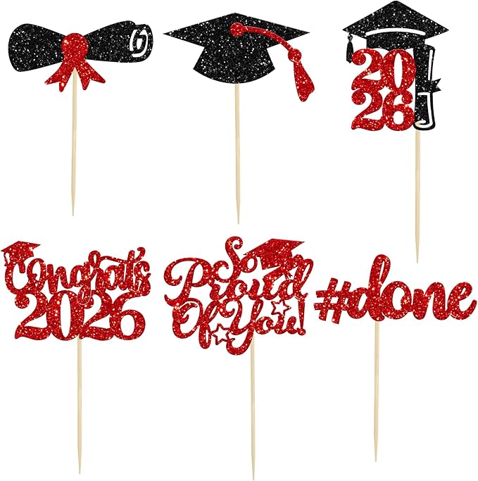 Gyufise 24Pcs 2026 Graduation Cupcake Toppers Glitter Congrats Class of 2026 Diploma Done Grad Cap So Proud of You Cupcake Picks So Proud of you Cake Decoratiosn Red