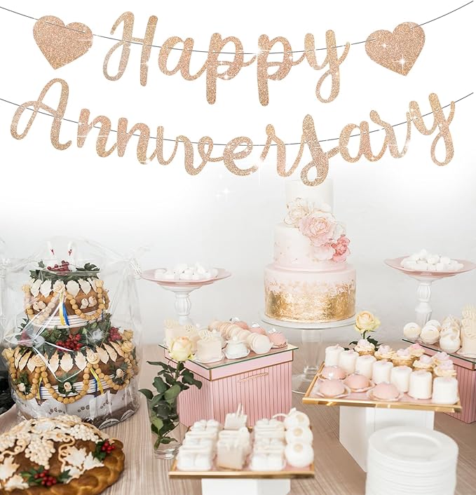 Happy Anniversary Banner, Champagne Gold Happy Anniversary Sign, Pre-Assembled for Wedding Party Celebration Decor (Champagne Gold0