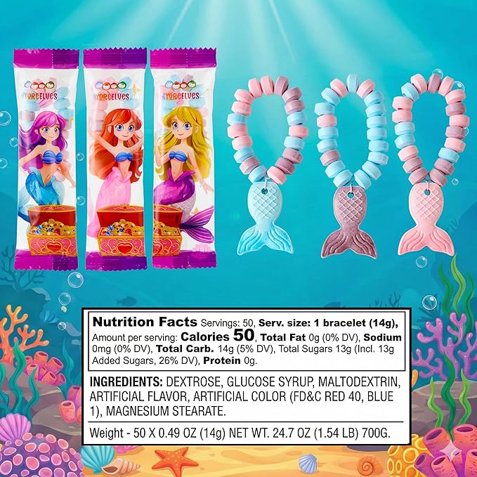 50 Mermaid Candy Bracelets with Two-Tone Mermaid Tail Charms, Great for Little Mermaid Party Favors and Goodie Bags, Ocean & Ariel-Themed Party Treats, Bulk Pack by 4YoreElves