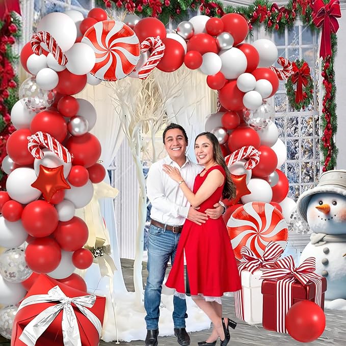 144Pcs Xmas Balloons Arch Kit Christmas Decorations of Candy Cane Red Windmill Stars Gift Box Foil Balloons, Silver Confetti and Red White Balloon Garland Arch for Holiday Xmas Party Decor