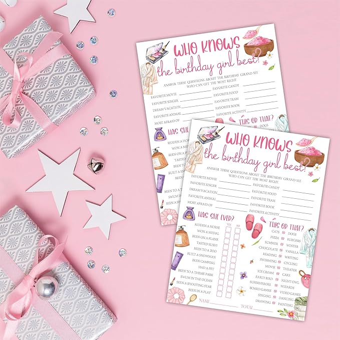 6"X8" Who Knows The Birthday Girl Best - Watercolor Slumber Accessories - Funny Double-Sided 3-in-1 Game Card Set For Girls Birthday Party, Sleepover Party Activities, Favor & Supplies (20Pcs)- A08