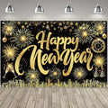 Famoby Happy New Year Fabric Sign Poster Banner Backdrop with Pattern Firework Champagne for Photo Booth Background New Year Party Decorations Supplies
