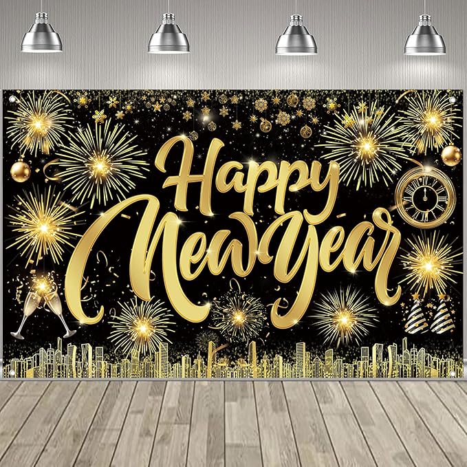 Famoby Happy New Year Fabric Sign Poster Banner Backdrop with Pattern Firework Champagne for Photo Booth Background New Year Party Decorations Supplies