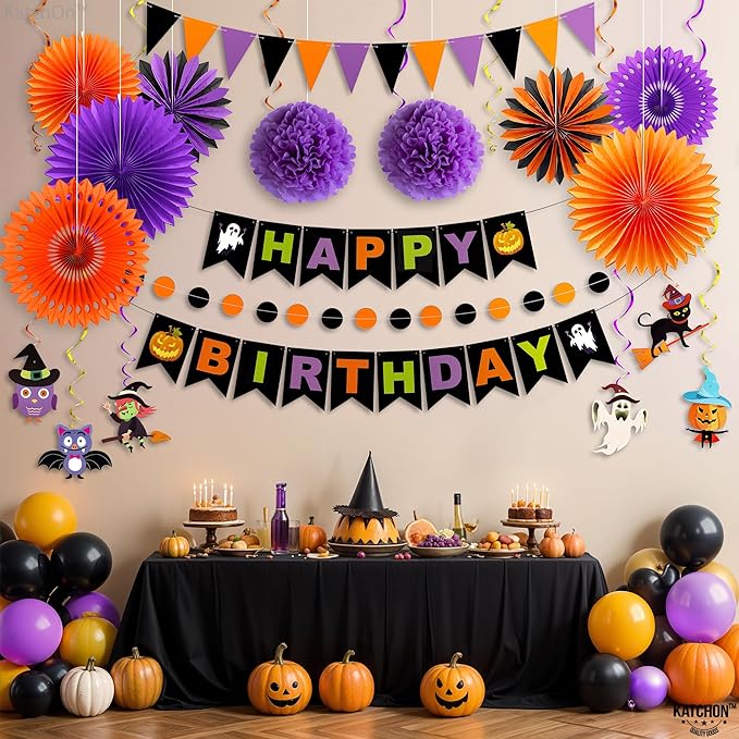 KatchOn, Halloween Birthday Party Decorations Set - Pack of 31 | Halloween Happy Birthday Banner, Honeycomb Balls, Paper Fans, Hanging Swirls Garland for Indoor Decor | Happy Brithday decorations