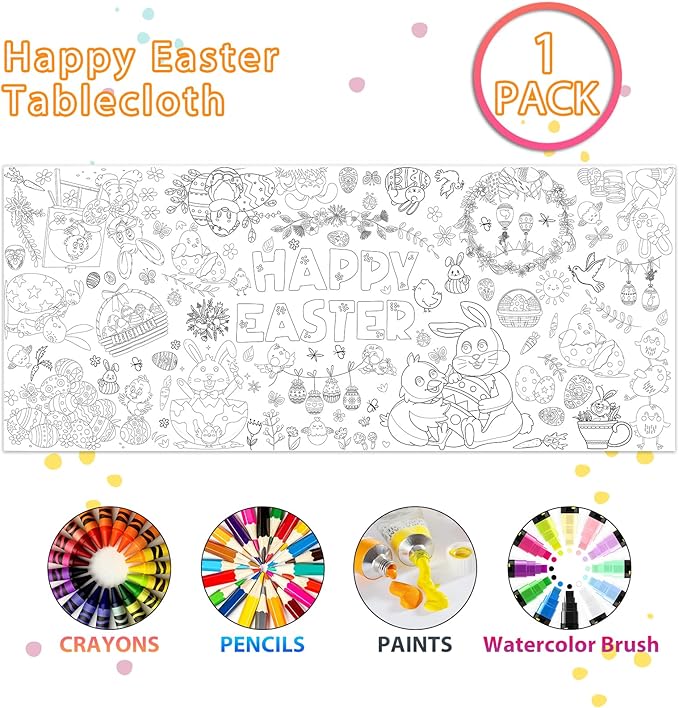 AinDen Easter Coloring Tablecloth for Kids, Giant 72 x 30 Inch Coloring Poster, Easter Party Decorations Table Cloth for Crafts Activities, Classroom & Home & Office (Multicolor-Easter)