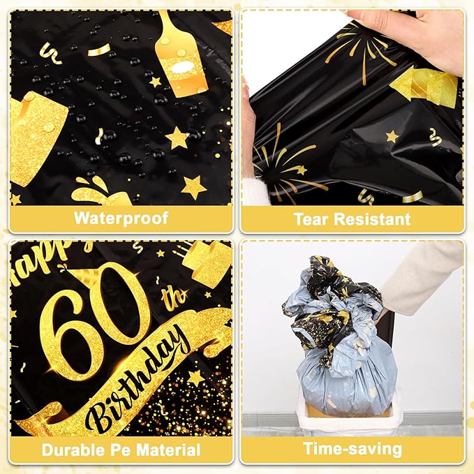 3 Pack 60th Birthday Plastic Tablecloth, 54x108 Inch Black Gold Disposable Rectangle Table Cover Waterproof Table Cloth for Birthday 60 Anniversary Party Supplies