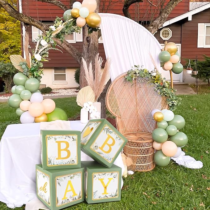 RUBFAC Sage Green Baby Boxes with Letters for Baby Shower, 4pcs Safari Baby Shower Decorations for Boy Girl Balloon Boxes Gender Reveal Birthday Party Favors