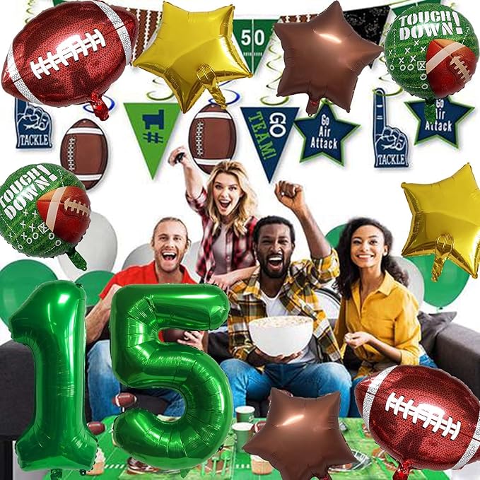 Football Balloons Foil Football Birthday Decorations Balloons Green Number 15 Balloon Gold Brown Star Touchdown Ballons for Rugby Birthday Decorations Sports Ballons Arch Kits Party Balloon Sets 10pcs