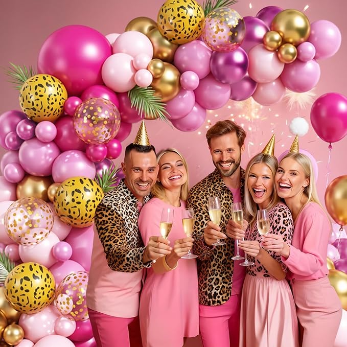 Hot Pink Cheetah Print Balloon Arch Kit, 112Pcs Pink Gold Balloon Garland with Gold Leopard Print Latex Balloon for Valentines Day Safari Jungle Animal Wild Cheetah Zoo Theme Birthday Party Decoration