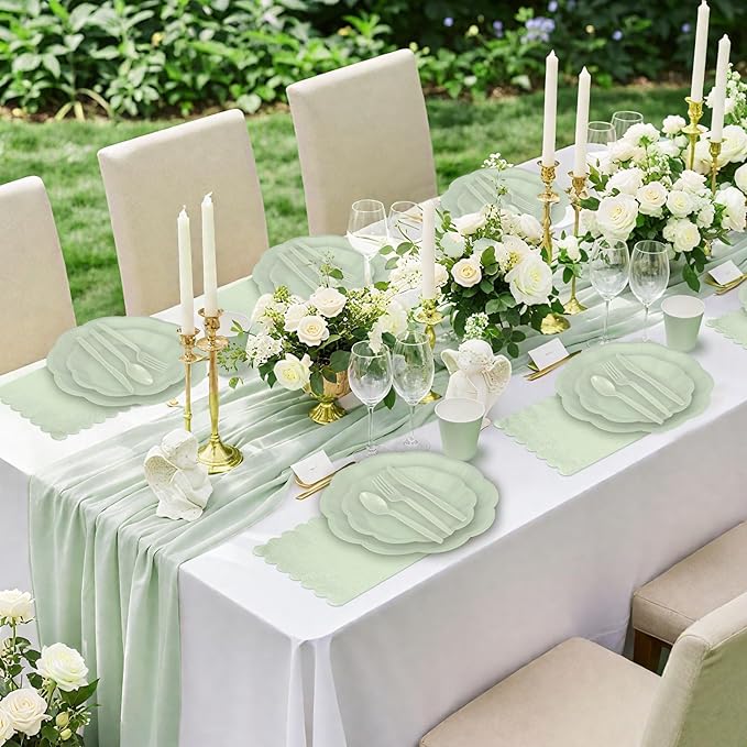 175 Pcs Sage Green Plates and Napkins Set, 25 Guest Sage Green Party Supplies Include Scalloped Easter Plate Napkin Cup Forks Knives Disposable Plastic Cutlery for Wedding Baby Shower Birthday