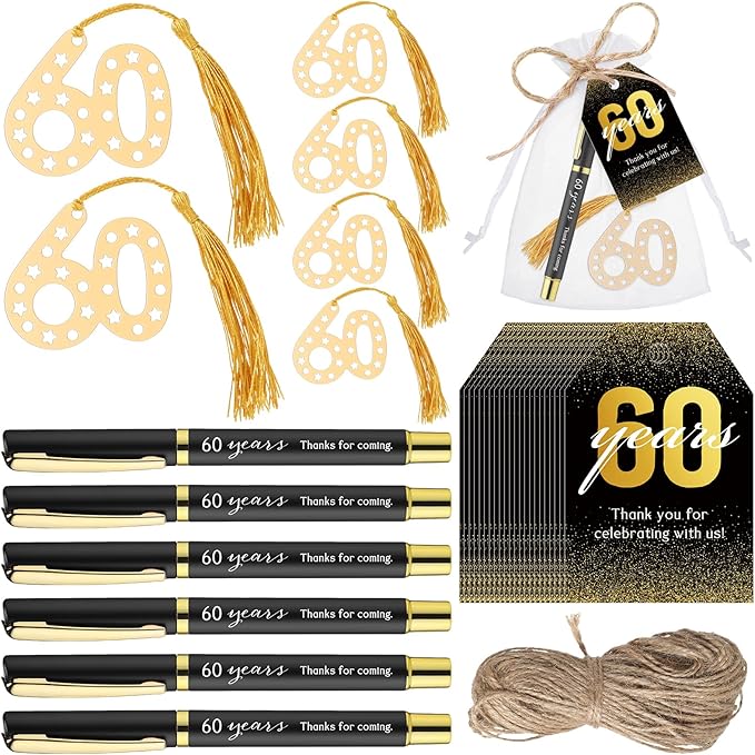 Spakon 25 Set 60th Birthday Party Favor for Guest Anniversary Party Favor Golden Birthday Bookmark Thanks for Coming Pen with Tag Appreciation Gifts for Women Men Wedding New Year