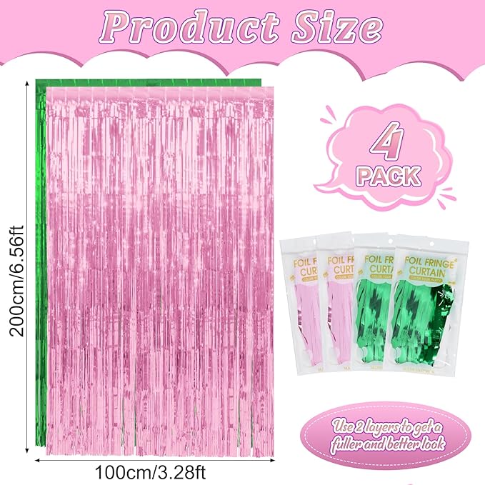 4 Pack 3.3Ft x 6.6Ft Pink and Green Foil Fringe Curtain Backdrop Decorations, Witch Metallic Tinsel Foil Streamers Curtain Photo Booth Background for Witch Wedding Birthday Party Decorations