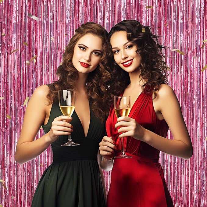 2 Pack Foil Fringe Backdrop - Laser Pink Shiny Tinsel Curtains for Party Decoration/Photo Booth Props - 3.3x6.6 FT Metallic Foil Backdrop for Birthday, Wedding, Graduation, Christmas.