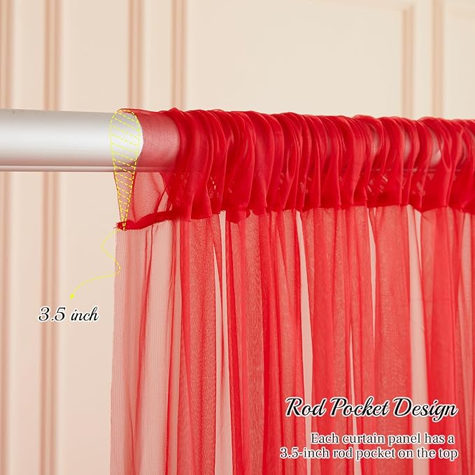 10x10ft Red Tulle Backdrop Curtain with Lights String for Parties, Sheer Photo Backdrop Curtains for Valentines Wedding Baby Shower Birthday Party Photo Shoot Decorations