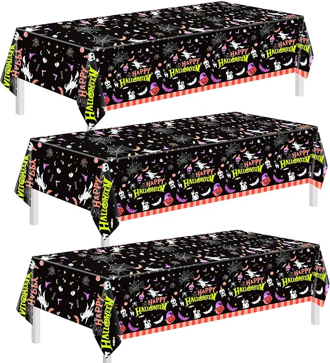 Halloween Tablecloth Plastic Disposable – 3 Pack 54 x 108 Inch Rectangle Table Covers – Witches, Skulls, Pumpkins & Spider Webs – Halloween Table Decorations for Party or Dining