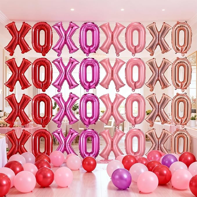 16 Pcs XO Valentines Balloons, 16 Inch Red Pink XOXO Letters Foil Mylar Balloons Banner Valentine Day Balloon Decorations for Romantic Galentines Day Bridal Shower Engagement Anniversary Party Decor
