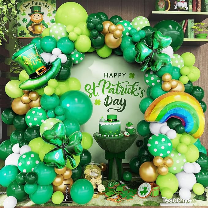 St. Patrick's Day Balloon Garland Arch Kit,Green Gold White Balloons Lucky Shamrock Clover Rainbow Hat Foil Balloons for Happy St. Patrick's Day Decorations Irish Festival Birthday Party Supplies