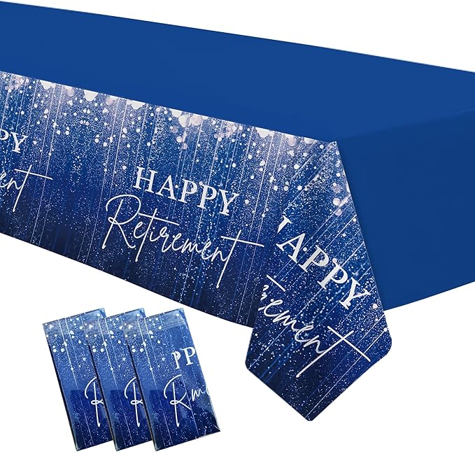 Blue Retirement Party Tablecloth Decorations - Disposable Happy Retirement Party Supplies for Men Women Tablecover, Retirement Table Decorations Table Cloth - 3 Pack (54in x 108in)