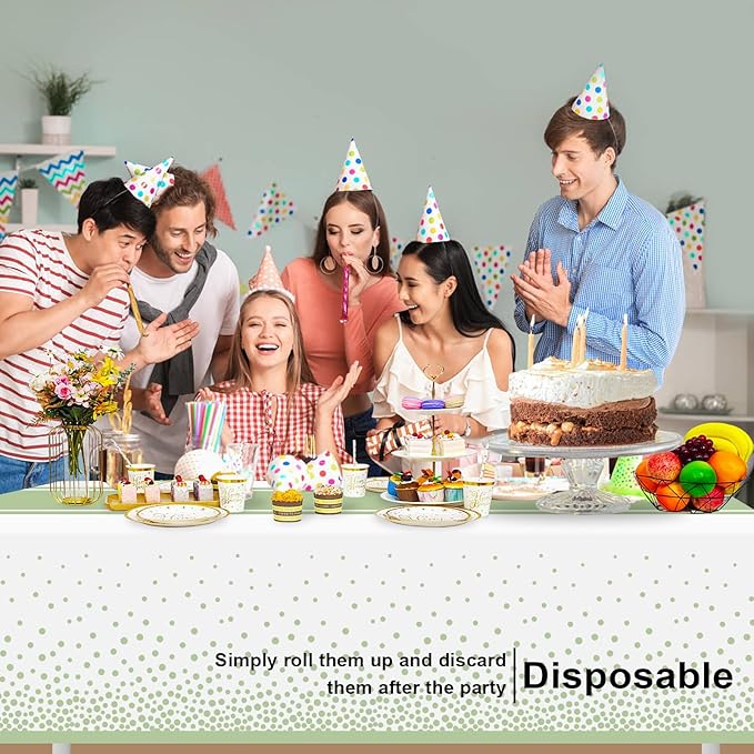 2 Pack White and Sage Green Tablecloth Party Decorations Plastic White Tablecloth Printed Sage Green Table Runner 54 x108 Inch Disposable Rectangle Table Cover for Birthday Wedding Graduation