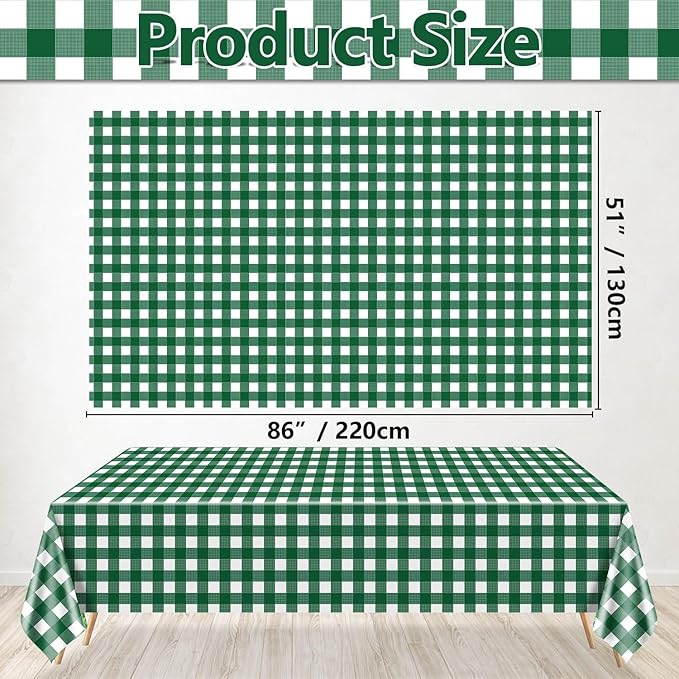 4 Pack Green Gingham Tablecloths, Green and White Checkered Tablecloths 86.6 x 51.2 Inches Gingham Table Covers Rectangular Waterproof Picnic Table Covers for Birthday Party Holiday Outdoor Supplies