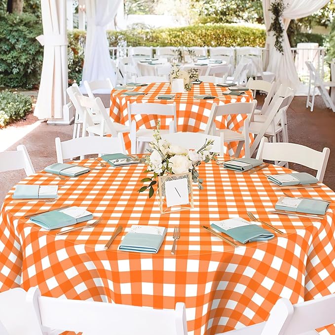 Mulbozy Orange Gingham Tablecloth 2 Pack, 54 x 108 Inch Plastic Table Cloth Disposable, Orange and White Checkered Table Cover for Party Supplies