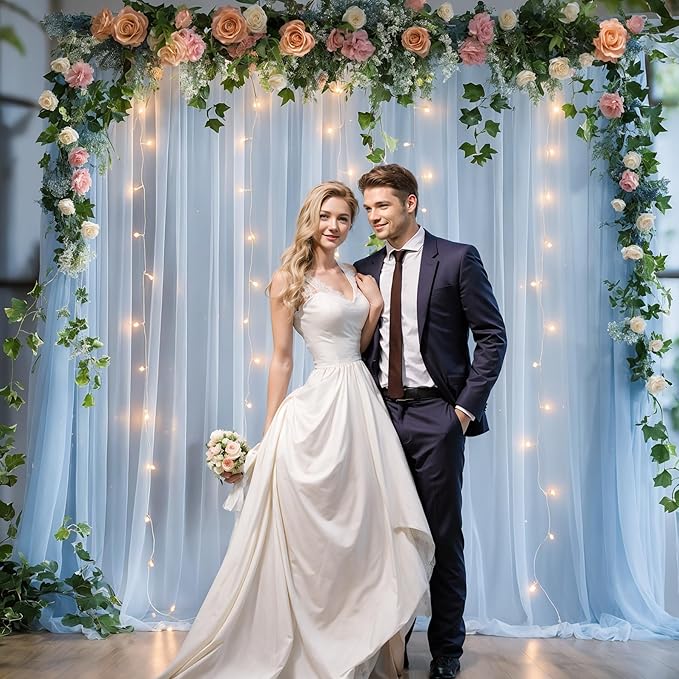 10x8ft Baby Blue Tulle Backdrop Curtain with Lights String for Parites, Sheer Photo Backdrop Curtains for Wedding Baby Shower Baby Boy Shower Birthday Party Photo Shoot Background Decorations