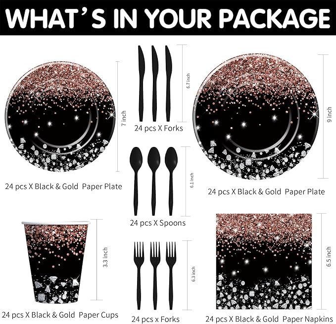 Xigejob Rose Gold And Black Party Decorations Tableware - Glitter Diamond Theme Rose Gold Party Supplies for Wedding Bridal Shower Birthday, Paper Plate, Cup, Napkin, Cutlery | Serves 24