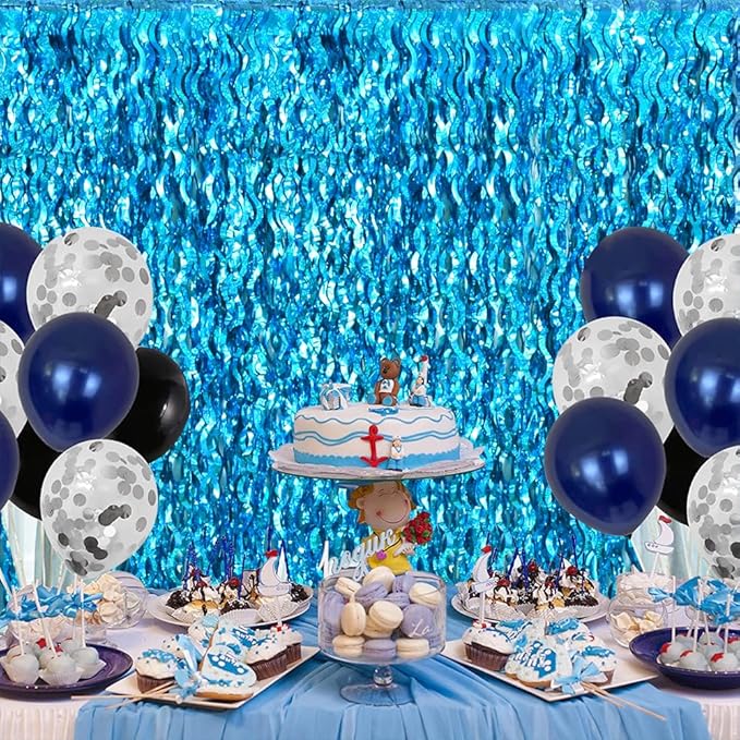 TONIFUL 2Pcs Wavy Metallic Tinsel Foil Fringe Curtains Teal Blue Streamer Backdrop for Photo Booth Props,Party Door Wall Curtains,Bachelorette,Underwater World Birthday Party Decor (6.6ft x 6.6ft)