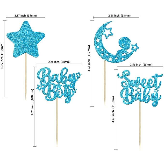 Gyufise 24Pcs Blue Glitter Baby Boy Cupcake Toppers Star Moon Sweet Baby Babyshower Boy Cupcake Picks for Baby Shower Boys Birthday Party Cake Decorations Supplies
