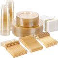 Supernal 400pcs Gold Glitter Plastic Dinnerware, Disposable Plates for Party Include 50 Gold Plastic Plate, 50pcs Dessert Plate 100 Glitter Forks, 50 Disposable Knives and Spoons, 50Cups and Napkins