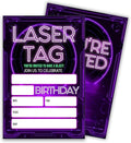 Laser Tag Birthday Party Invitations, Glow Neon Theme Invite Cards, 20 Count with Envelopes for Boys Girls Teen, 4 x 6 Double Sided Printed Fill In Blank Party Supplies- Purple