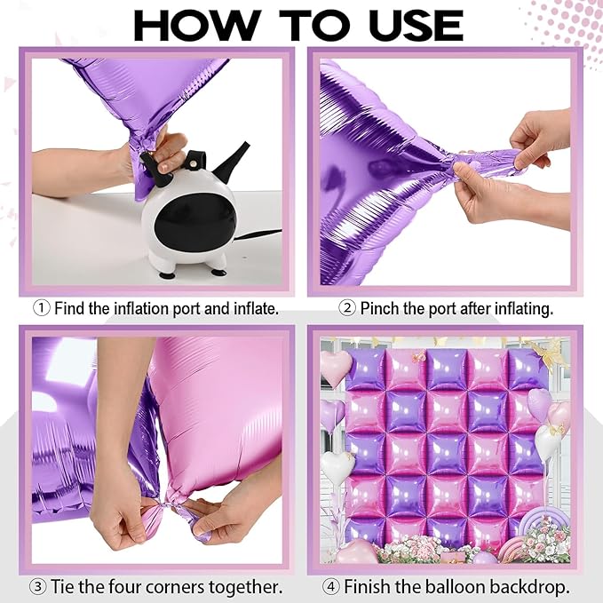 Pink and Purple Square Foil Balloons Wall, 25PCS Double Sided Pastel Pink Metallic Purple Balloons Backdrop Tunnel Flat Background Decorations for Girls Women Butterfly Theme Birthdays Baby Shower