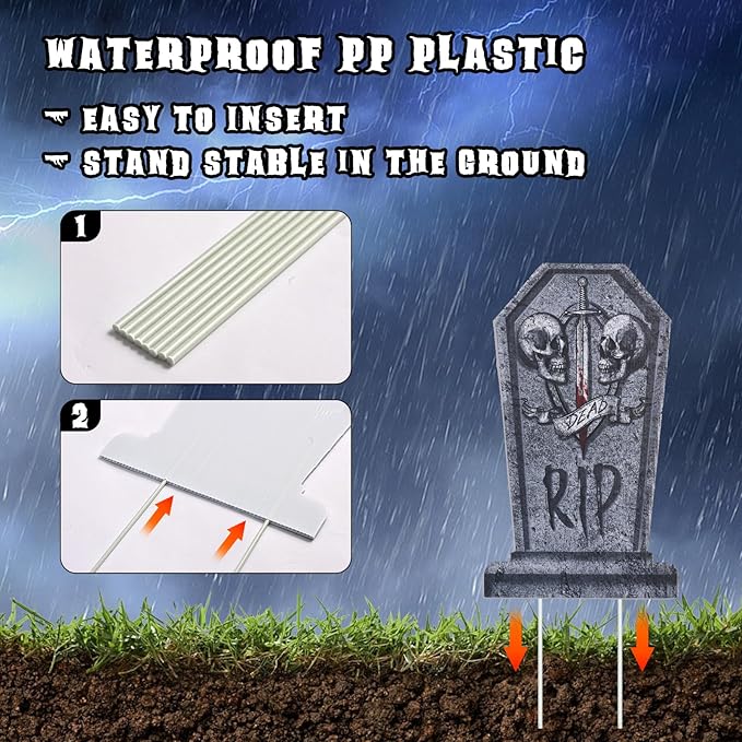 Maxee 4 Pcs 16.2" Halloween Tombstones Decoration with 1 Green Remote Lights(8 Light Modes), 2 Blue Lights(3 Modes), Plastic RIP Grave Yard Signs with 8 Stakes for Grave, Outdoor Garden, Party Decor