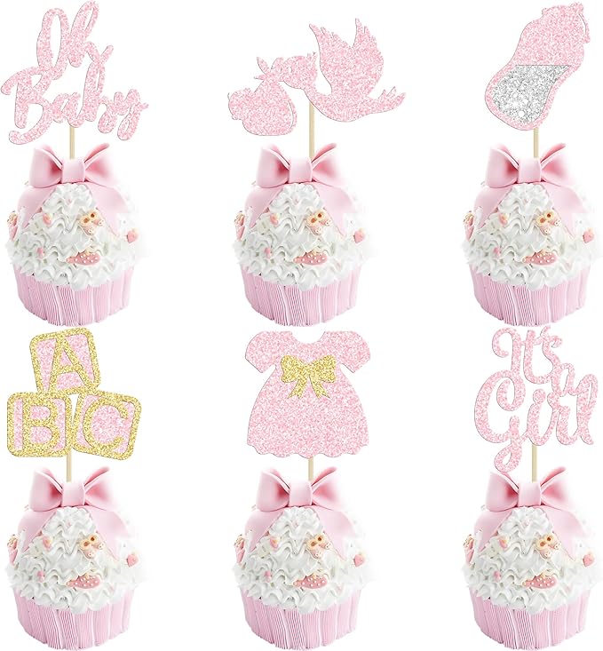 24Pcs Oh Baby Cupcake Toppers It's a Girl Cupcake Toppers with Bow Dress Bottle Swan Light Pink Glitter Babyshower Gender Reveal Cake Picks Decorations for Baby Shower Girl Birthday Party Supplies