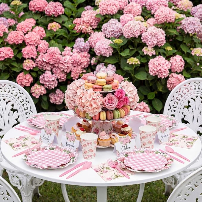 Shellwei 410 Pcs Pink Hydrangea Tea Party Decorations Elegant Floral Paper Plates and Napkins Set Disposable Party Tableware Sets with Cups Knives Forks Spoons Seat Card Favors for 50 Guests