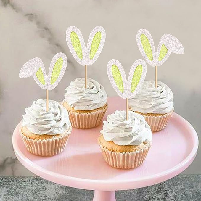 Ercadio 24Pcs Easter Bunny Ear Cupcake Toppers Glitter Yellow Rabbit Ears Cupcake Picks Easter Bunny Cupcake Decors for Rabbit Baby Gender Reveal Kids Birthday Baby Shower Party Supplies