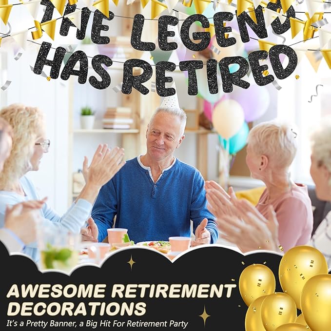 Fulmoon Pre Strung the Legend Has Retired Glitter Banner 9.8 ft Retirement Banner Retirement Party Decorations Garland Bunting for Men Women Gifts, No DIY(Black)