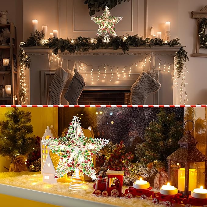 Christmas Star Tree Topper 8.3 Red Green Berries Decor 3D Star Treetop LED Lights Battery Powered Xmas Tree Ornament for Christmas Party Indoor Outdoor Home Decoration