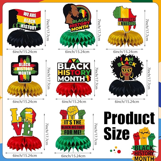 JULMELON 8PCS Black History Month Table Decorations, 3D Double Sided Black History Month Table Centerpieces, African American Black History Month Honeycomb Office Decor for Party