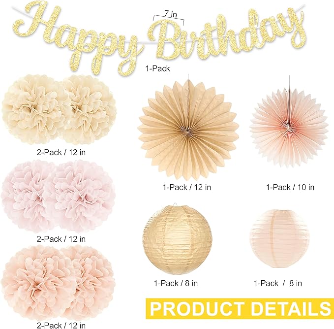 Birthday Decorations for Women, Boho Champagne-Beige 11pcs Balloon Garland, Happy Birthday Banner, Peach Paper Lanterns & Tissue Pom Poms– decoración de cumpleaños para mujer