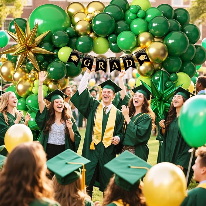 Green and Gold Balloon Garland Arch Kit with Stars, Different Sizes Emerald Dark Pastel Green Gold Balloons for Birthday Party 2026 Graduation Decorations Jungle Green Party Decorations