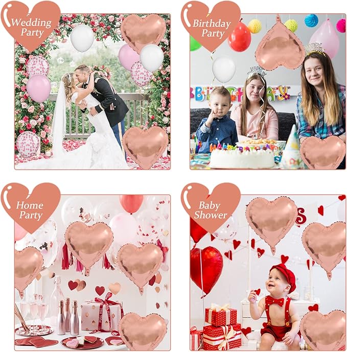 Rose Gold Foil Heart Balloons, 10PCS Rose Gold Heart Shape Balloons, Valentines Balloons 18inch Foil Balloons for Helium Birthday Decorations for Valentines Day, Wedding, Brithday Party, Baby Shower
